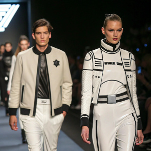 Fashion event featuring Star Wars and rag & bone collaboration. Models in outfits with Star Wars elements on the runway.