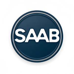 Dark SAAB logo in bold sans-serif font, centered on a clean white backdrop