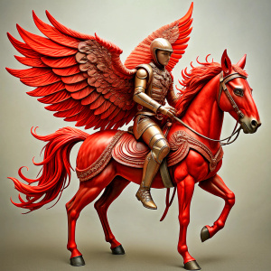 A sketch of a red horseA winged valkyrie with a rider