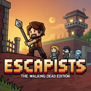 The Escapists: The Walking Dead Edition game cover features a gritty, pixel-art style with the main character wielding a large weapon. The color scheme is dominated by warm hues of orange and brown.