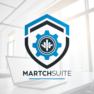Modern logo design for MarTechSuite. Clean and minimalistic approach. Sleek aesthetic, featuring blue and black color scheme. Central emblem with gear graphic element.