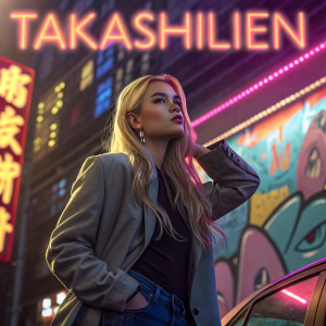 Takashi Lien, a young woman with long blonde hair, posing thoughtfully against a backdrop of neon lights and urban graffiti. The words 'TAKASHILIEN' are displayed prominently at the top.