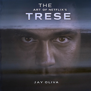 Book cover for 'The Art of Netflix's Trese'. Close-up of character's intense expression. Title 'TRESE' at top, 'JAY OLIVA' at bottom. Dark, moody background with grayscale tones and gritty textures