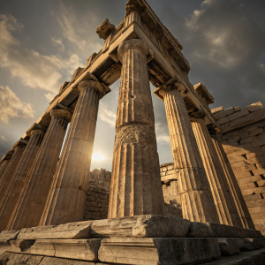High-resolution image of an ancient Greek column. Part of a temple complex. Detailed texture and warm lighting creating dramatic shadows.