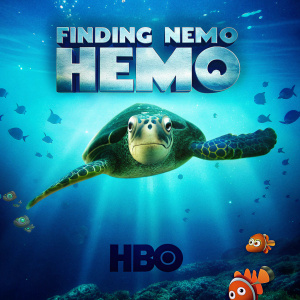 Promotional image for HBO's rebranded *Finding Nemo*. Imposing sea turtle, emerald green, front and center. Surrounded by vibrant, animated fish characters. Stylized text, deep ocean background