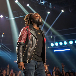 Wyclef Jean, with dreadlocks and a beard, on stage at the MTV Europe Music Awards. Bright stage lighting and crowd in the background.