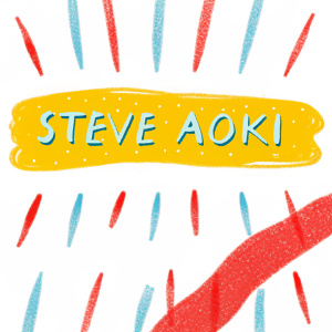 Steve Aoki's brand logo, a fusion of abstract shapes and dynamic fonts, radiating energy against a stark black background.