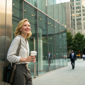 Cate Blanchett, in a casual outfit, standing outside a modern office building. She's holding a cup of coffee and smiling at the camera.