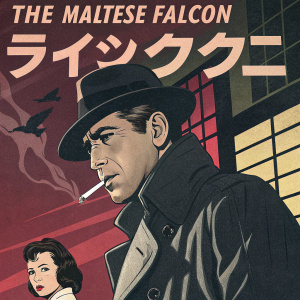 Vintage Japanese movie poster for 'The Maltese Falcon'. Humphrey Bogart smoking a cigarette, dramatic pose. Beside him, a woman's face partially obscured. Dark and moody atmosphere, film noir style