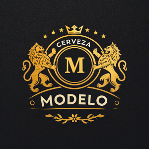 Modern logo design for Cerveza Modelo. Bold letter M encircled by two golden lions. Sleek, black background