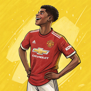 Cartoon-style image of Marcus Rashford, wearing a Manchester United jersey, standing in front of a vibrant yellow background.