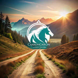 Logo minimalista con dos colores, que represente a dos caballos en un camino, yéndose hacía una montaña. Los trazos deben ser suaves, la imagen debe mostrar fuerza e impresión. Debe tener un eslogan que diga "Camino de Garañon"