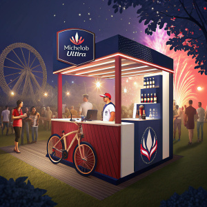 A vibrant promotional booth for Michelob Ultra. Sleek design with brand logo, slogan, and bicycle. Festive outdoor event with party atmosphere.