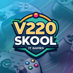 Creative digital art featuring the logo for V220 SKOOL IT GAMES, a gaming community platform.