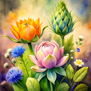  watercolor image , artichokes  , pink wax flower, green dandelion, , bluebell flower.Snowdrop watercolor,  background