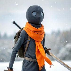 Dark gray Stickman, white eyes, orange 
scarf, a great sword on the back