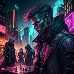 Promotional artwork for 'Cybernetic Phantom's Gambit'. Dark, vibrant colors. Features diverse characters in techwear. Central figure has a cyberpunk vibe, blending elements of sci-fi and mafia themes. Intense and enigmatic, perfect for an action-packed thriller.