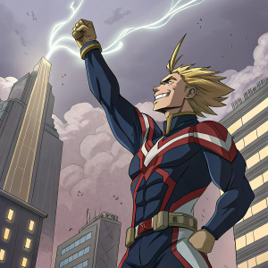 All Might, hero from Boku no Hero Academia, striking a powerful pose. Background features intricate cityscape and dramatic clouds