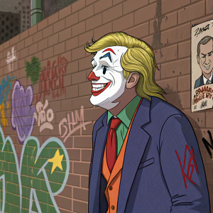 Cartoon Donald Trump with Joker makeup, surrounded by street art elements including graffiti and posters, set against a graffiti-covered brick wall.