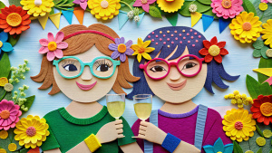ultra-detailed Illustration of two friends to celebrate friendship day with glasses and folwer, in the style of Paper-cut banner, colorful, smail happy