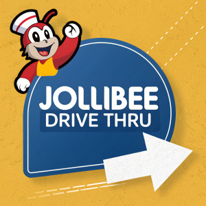 Promotional ad featuring Jollibee mascot emerging from a blue logo. White arrow pointing to the right, 'Jollibee Drive Thru' written in bold letters. Playful and inviting design.
