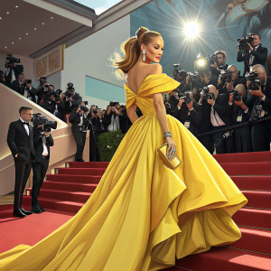 Jennifer Lopez at the Cannes Film Festival premiere. Wearing a vibrant yellow off-shoulder gown. Poses elegantly amidst flashing cameras and excited fans.