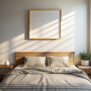 This minimal square frame mockup features a frame hung above a bed with striped linen bedding and a wavy wooden headboard, illuminated by filtered sunlight.