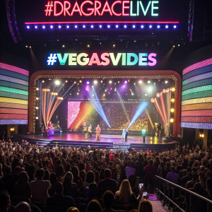 RuPaul's Drag Race Live! at the Zappos Theater in Planet Hollywood Resort & Casino. A vibrant stage filled with colorful lights and large screens displaying #DragRaceLive and #VegasVibes. The audience is captivated and enthusiastic.