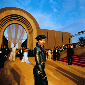 Angela Bassett graces the stage at the Oscars. Dressed in a black leather top and a matching cap-like hat. Surrounded by a sea of celebrities in various evening gowns and tuxedos.