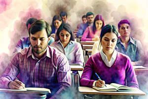 Adults of Slavic appearance are sitting at their desks, taking an exam. There are many people in the audience.