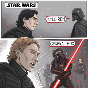 Detailed comic strip, Star Wars theme, Kylo Ren, General Hux, dynamic illustration, multiple panels, various characters, actions, gray color scheme, red highlights, dark tones, sequential layout, speech bubbles, storytelling