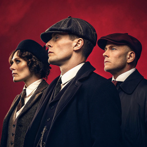 Dark and moody photo of Peaky Blinders cast. Central figures stand against a deep red background. Uniform depth effect, emphasizing facial expressions and clothing details.