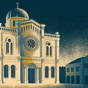 Stately Greek Orthodox Church, Agios Minas Cathedral in Heraklion, Crete. Dated 1862-1895. Stone facade, intricate stained glass windows, tiled dome.