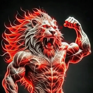 haz un leon musculoso de metal cromado, con una mano en lo alto,de fondo hay dos banderas blancas 