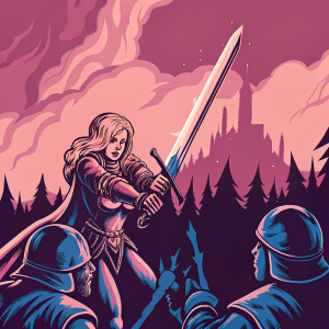 Blonde-haired warrior and allies in epic battle scenes from 'Arthas's Revenge'. Simplistic, cartoonish art style with bold expressions and dramatic poses.