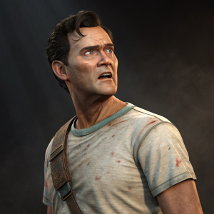 3D render of a character resembling Ash from Evil Dead. Caucasian, surprised face. Worn out t-shirt. Dynamic stance. Dark background.