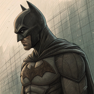 Close-up illustration of Batman, muscular physique, detailed suit, bat symbol. Sketch-like grid background, dark tones