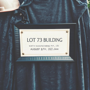 Invitation to the groundbreaking ceremony for the new Lot 73 Building at North Manufacturing (Pvt) Ltd on August 25th, 2022 at 9am.