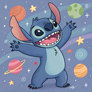 Stitch from Lilo & Stitch. Colorful cartoon setting, smiling widely with sharp teeth visible. Arms spread wide in a playful gesture, against a vibrant background with stars and planets