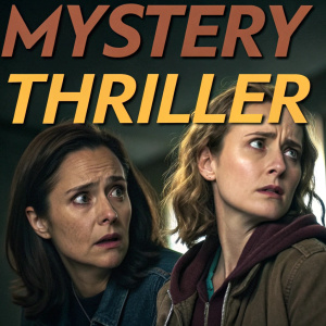 YouTube thumbnail for mystery thriller video. Two actresses with contrasting expressions. Dark background. Foreign text. Cinematic and promotional design.