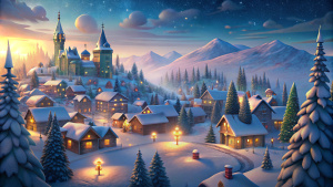 view from afar, winter town in snow with christmas decorations