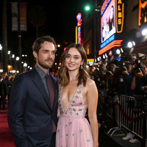 Joe Drake and Ana de Armas at a glitzy Hollywood movie premiere. Neon lights and paparazzi in the background.