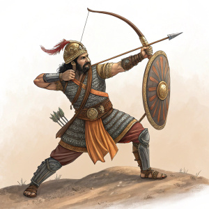 Ancient Indian warrior Parshuram, depicted in a fierce stance. Holding a bow and arrow, adorned with traditional armor and accessories. Against a simple, uncluttered backdrop.