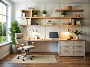 Modern Home Office:
Develop a home office with a floating desk, ergonomic chair, and wall-mounted shelves for a clutter-free environment. Use a neutral color scheme with pops of color in decor and artwork, and ensure ample natural light.