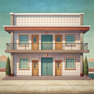 facade motels classical architecture 2 floors, concrete, ceramic tiles