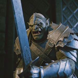 A fierce orc warrior stands, gripping a massive, jagged sword. His muscular frame is armored with intricate, metallic designs. The orc's scarred face displays raw aggression. The dark, detailed background highlights his imposing stance.