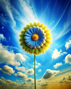 Flower shaped like half planet Earth and half bicycle wheel. Blue sunrise background with white clouds.