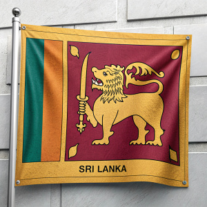 A high-resolution image of the Sri Lankan flag. Golden lion with four visible claws. Green field at the top left corner. Blue border around the emblem. The words 'SRI LANKA' in bold letters