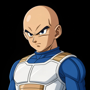 Digital illustration of Krillin from Dragon Ball Z. He is bald with a strong jawline and intense gaze. Wears a blue and white battle suit that highlights his muscular build. Set against a pure black background.