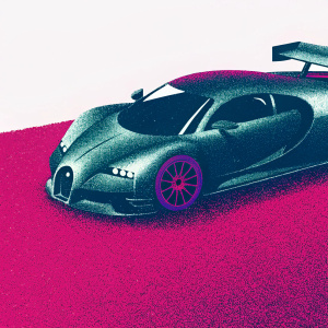The Bugatti Vision Gran Turismo Concept Car. Futuristic design, black and green hues, prominent rear wing, sleek silhouette.